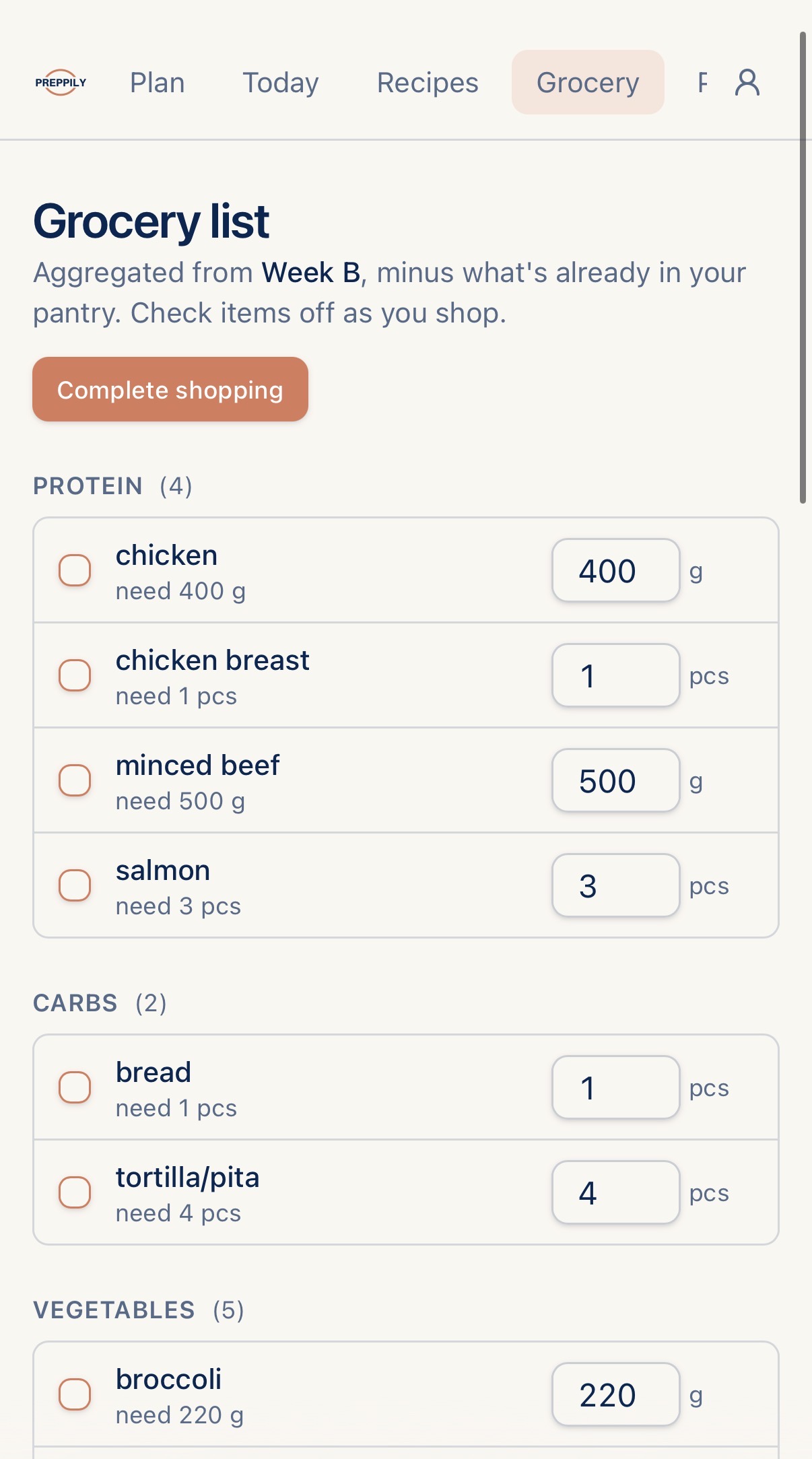 Preppily grocery list on mobile