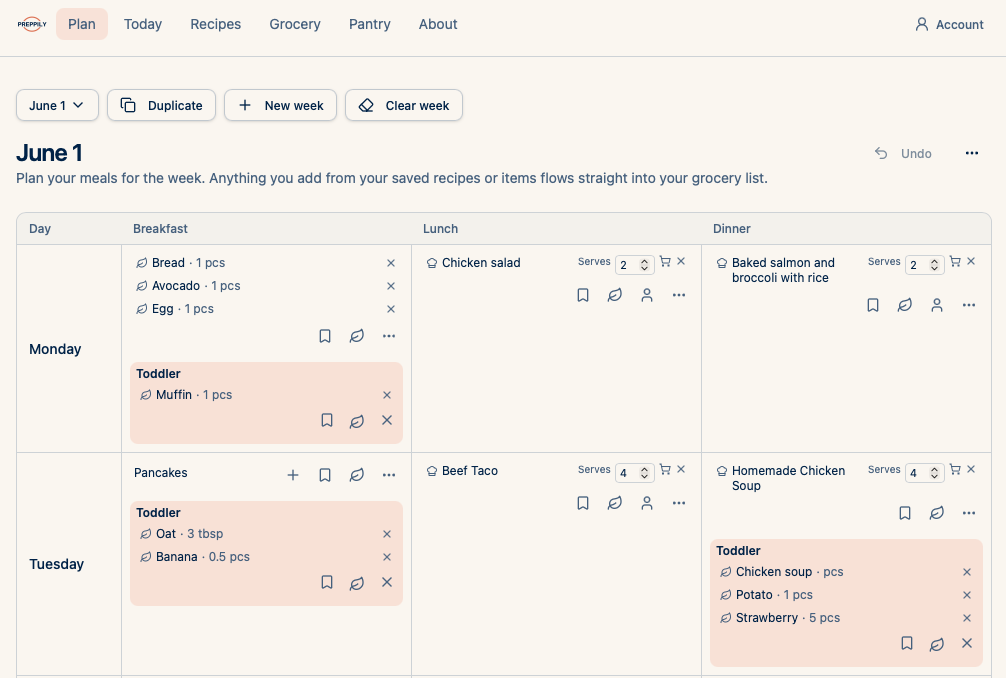 Preppily weekly meal plan on desktop
